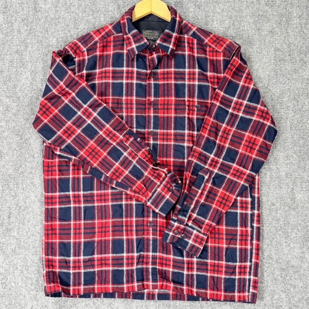Pendleton Game Day Shirt Men's Large Red Blue Plaid Virgin Wool Flannel